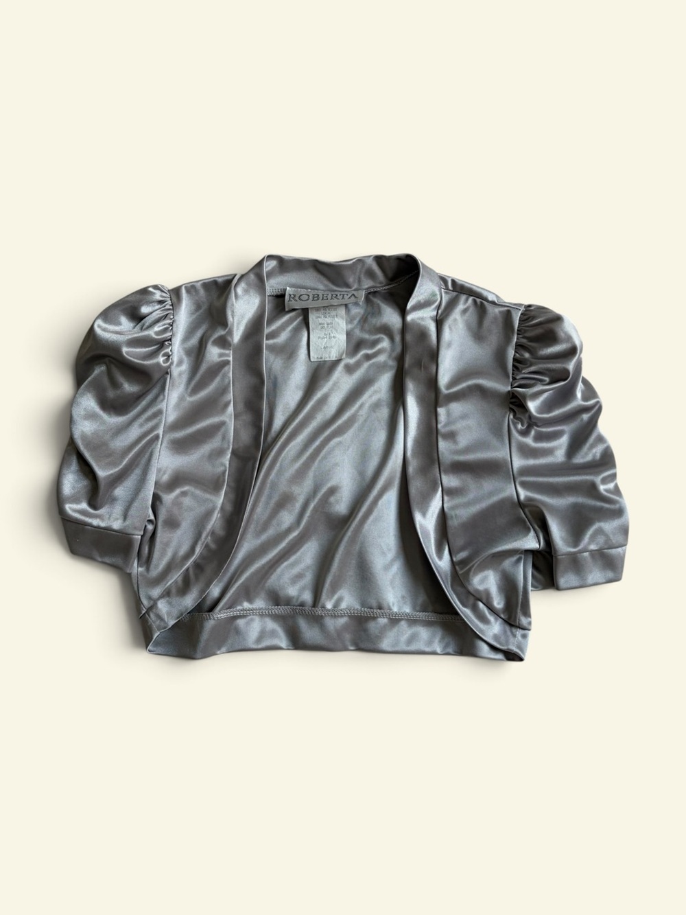 Vintage Roberta Silver Grey Satin Bolero Shrug Puffed Sleeve Y2K Large Whimsy